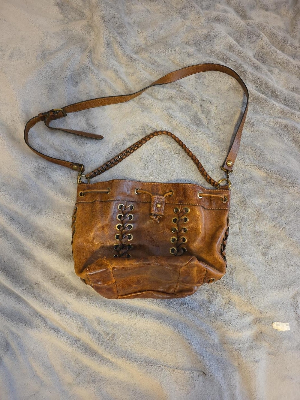 Patricia Nash Martina Brown Distressed Leather Grommet Lace-Up Bucket Crossbody